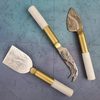 Luxe White Marble & Brass Handles, Engraved Cheese Knife Set